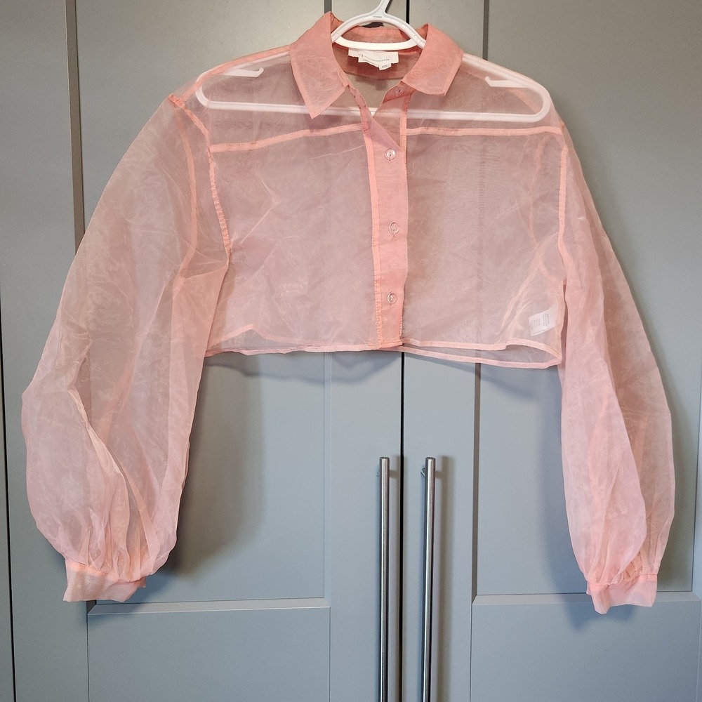 By Anthropologie Sheer Organza Crop Top Blouse Pink Balloon Sleeve One Size